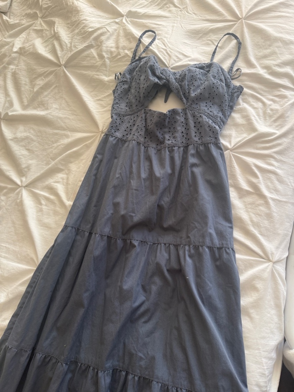 Women's Blue Eyelet Maxi Dress with Tie Front